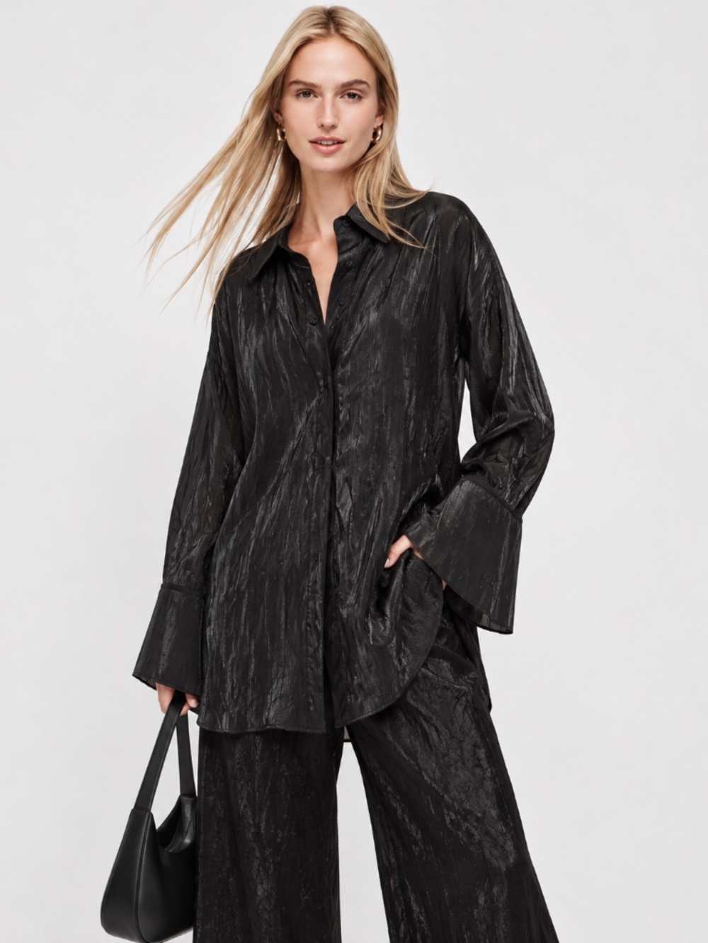 NWT Local European Black Shimmer Crinkle Oversized Button Down Shirt Sz S